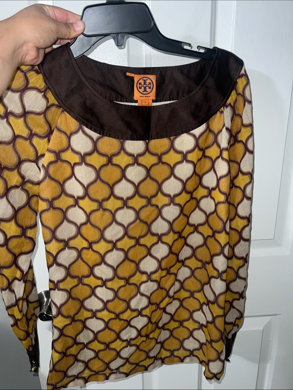 Tory Burch Mustard, Brown & Cream Geometric Print Blouse